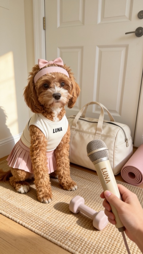 Luna in tennis-skirt athleisure by a gym bag — The Gym