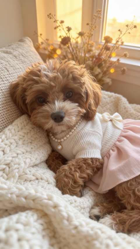 Luna the Cavapoo, a small apricot dog in a soft knit, looking composed.